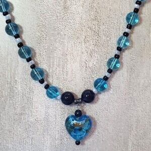 Art Glass Heart Pendant on Turquoise Colored Glass Beaded 28" Necklace